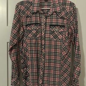Western Plaid Button Down Shirt - Pink and Black